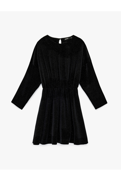 Koton Long Sleeve Crew Neck Glitter Velvet Above Knee Dress