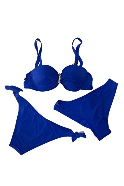 Yasmy Collection Kadın Saks Mavi Taş İşlemeli Tokalı Astarlı Bikini Takım HZL...