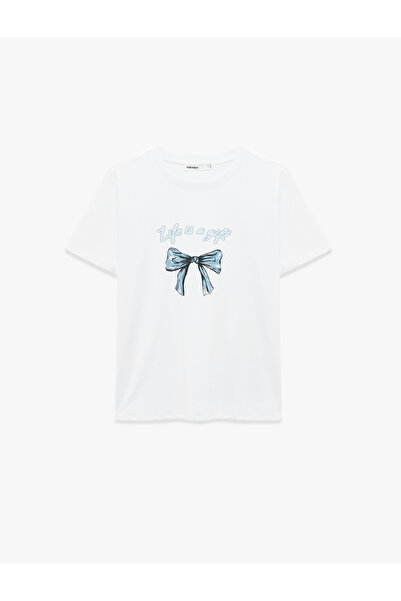 Koton Cotton Short Sleeve Crew Neck Bow Print T-Shirt