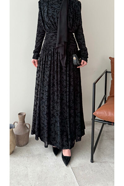 REMUBİ Kadın Flok Baskı Premium Kumaş Astarlı Elbise