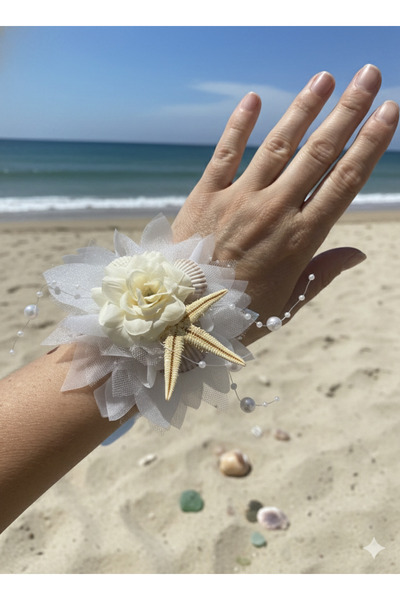 Soilhandmade Beyaz Kumaş Çiçekli Deniz Yıldızlı Gelin , Nedime , Lohusa Bilek...