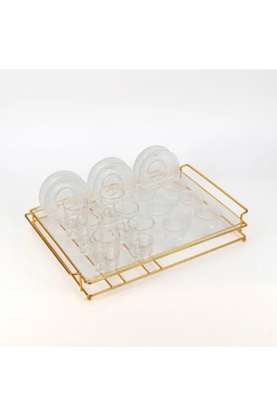 TULIN طقم قهوة وشاي زجاجي مكون من 19 قطعة مع حامل ذهبي