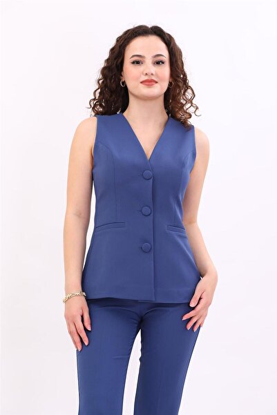 ÖNDER ÖZSOY V-Neck Buttoned Classic Women's Vest-Indigo