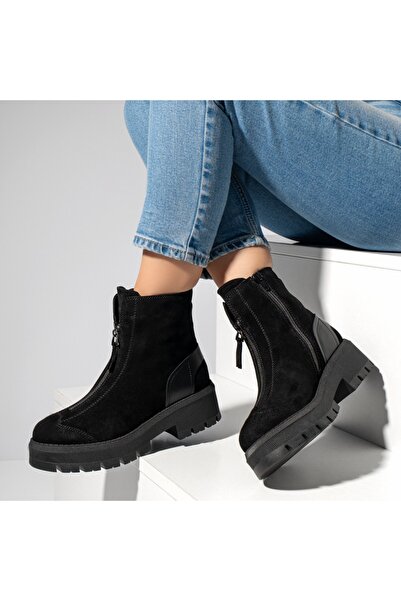 Modlet.ro Ghete de damă din piele întoarsă neagră cu fermoar MOD14100