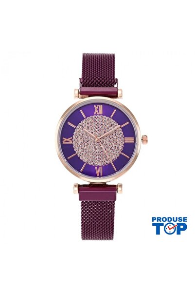 QUARTZ Elegant Women's Watch with Purple Dial and Magnetic Bracelet CDQZ131