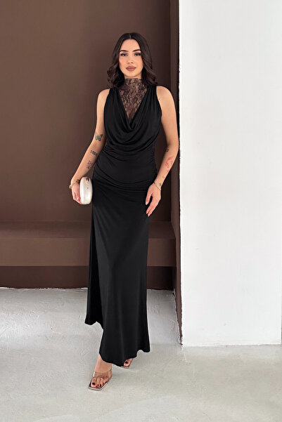 mega lucky Γυναικείο μαύρο φόρεμα με δαντέλα και μακριά μανίκια