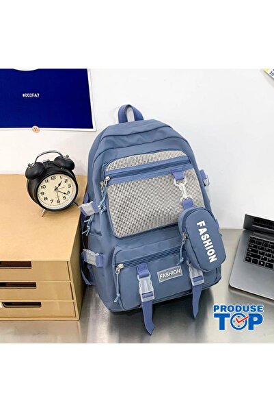 Produse.Top Blue Backpack with Multiple Pockets and Buckles