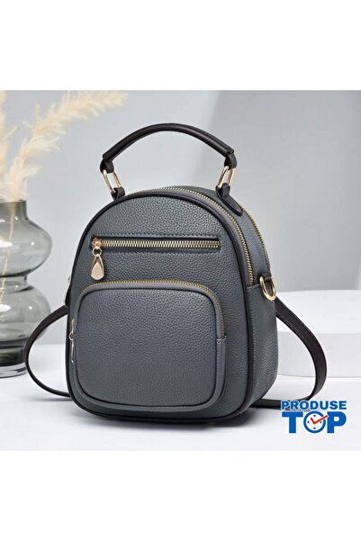 Produse.Top Fashion Grey Eco Leather Backpack with Exterior Zip Pocket ACRD367