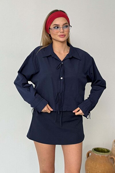 GİYSA Women's Tie-Detail Long Sleeve Crop Shirt Navy Blue - 2022