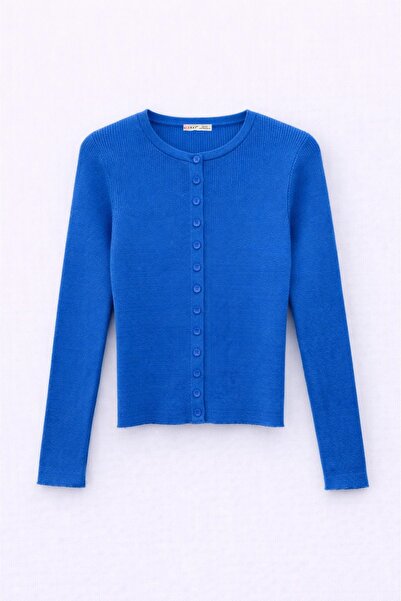 Mixray 6931 Women's Buttoned Corded Fabric Knitwear Cardigan Dark Blue