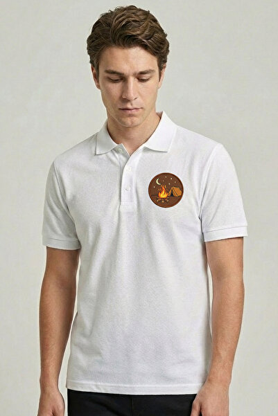 Çapıt 100% Cotton Campfire and Tent Themed White Polo Neck T-Shirt (Women'S-M...