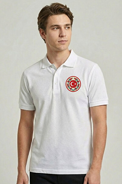 Çapıt 100% Cotton Tulip Motif Turkish Flag Coat of Arms Printed White Polo Ne...
