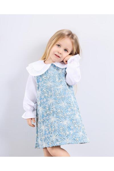 le petit sole İşlemeli Denim Elbise Pamuklu Beyaz Gömlek Takım