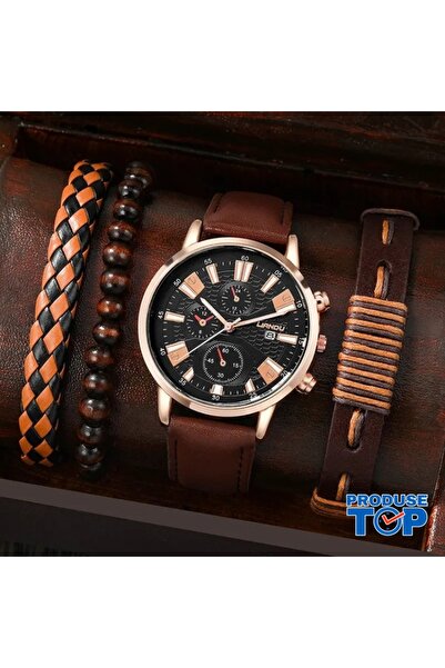 Produse.Top Elegant Men's Watch Set with Brown Eco-Leather Strap and Black Di...