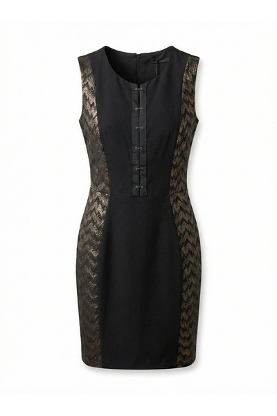Ciolla Yan Panelli Desenli Agraflı Kolsuz Kalem Elbise
