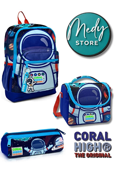 Coral High Saks Mavi Astronot Desenli 3’lü Okul Çanta Seti