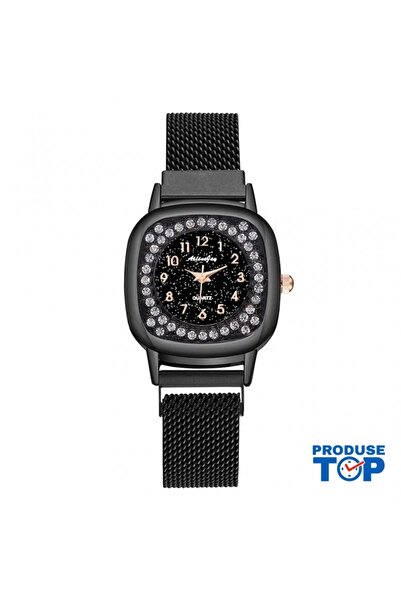 QUARTZ Elegant Black Women's Watch with Rhinestones Square Dial Magnetic Brac...