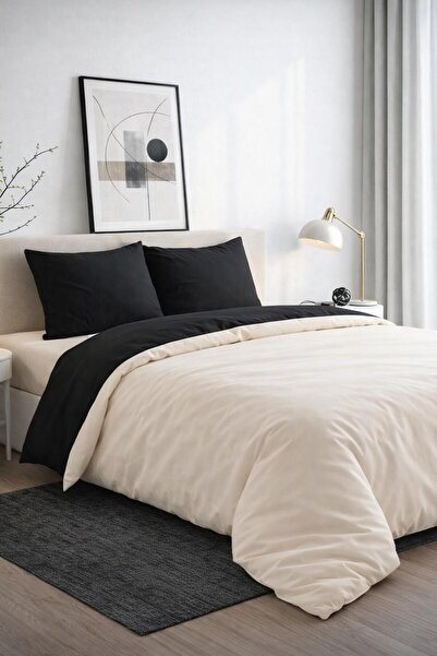 Eponj Home طقم غطاء لحاف سهل الكي، مقاس مزدوج، لون بيج-أسود