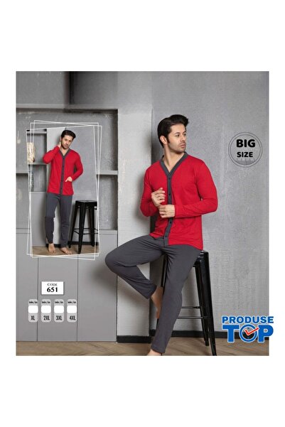 Produse.Top Men's Pajamas Red Shirt with Buttons and Dark Gray Pants