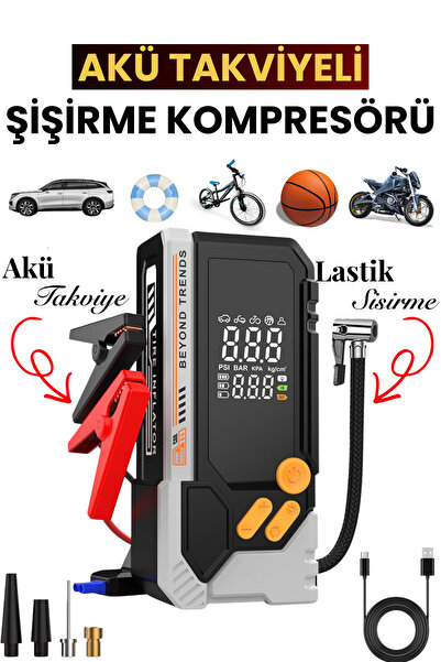 Yussraw 12.000mAh Araç Akü Şarj Takviyeli Işıklı Hava Kompresörü Akü Takviye ...