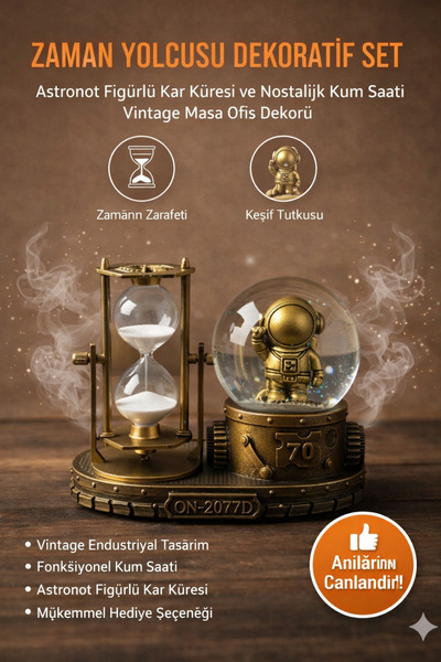 TeknoEser Zaman Yolcusu Dekoratif Set Astronot Figürlü Kar Küresi ve Nostalji...