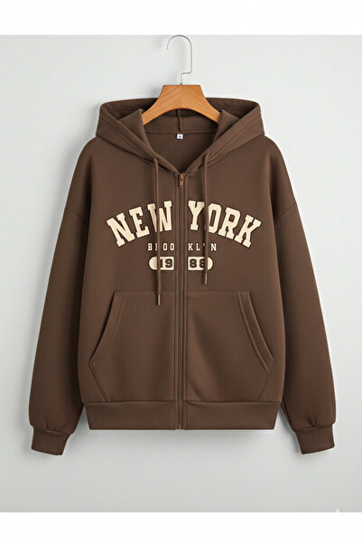 EVIus New York Printed Hooded Zippered Brown Cardigan