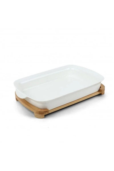 Generic صينية فرن سيراميك بقاعدة خشبية