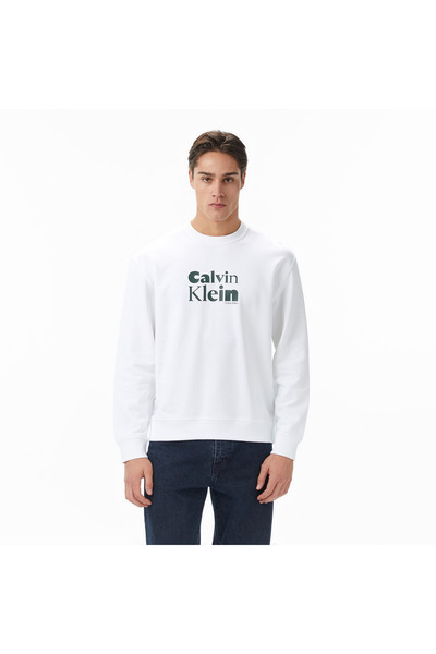 Calvin Klein سويت شيرت رجالي مريح ذو ياقة دائرية وشعار CK منقوش من القطن بأكم...