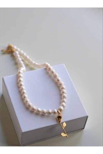 Taşmir Sertifikalı Gerçek İnci Kolye Gül Charm - Altın Kaplama Aparatlar