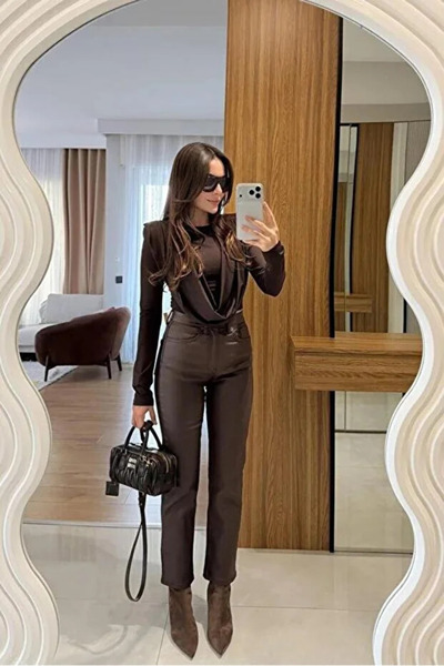 Ecenin Favorileri Brown Shoulder Pad Pack Long Sleeve Women's Blouse