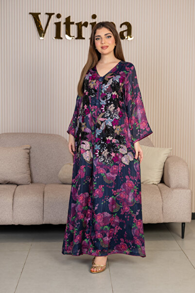 Vitrina Women's long dress with floral print and sparkling embroidery