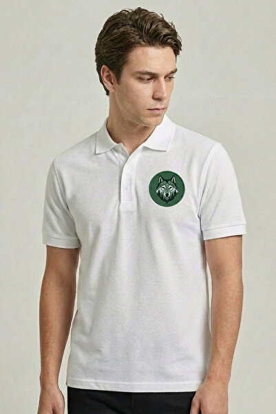 Çapıt 100% Cotton Wolf and Full Moon Themed Wilderness Printed White Polo Nec...