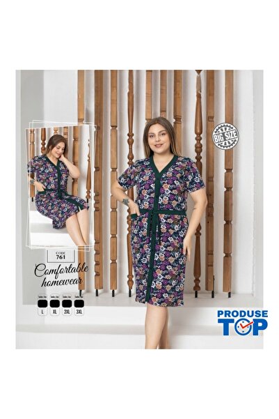 Produse.Top Women's Purple Floral Print House Capod with Buttons CPTD01