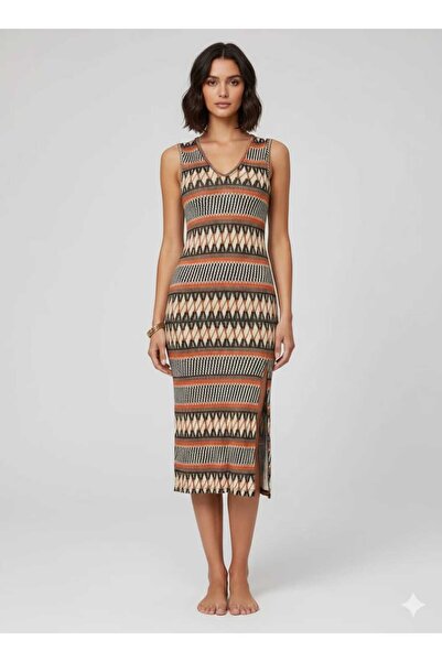 isiltikidsmoda V-Neck Patterned Midi Length Slitted Knitted Dress