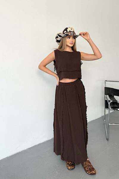 JEE LEE Women's Skirt Blouse 100% Cotton Double Set Brown - 26Y 6031