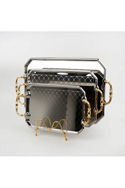 Generic Tabasi Serving tray set with metal frame and gold handles, 3 sizes