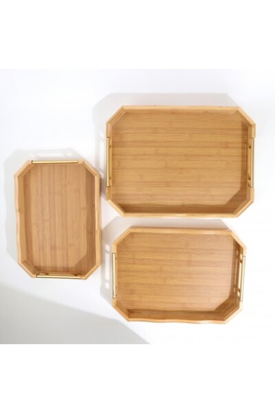 Generic طقم تقديم خشبي مكون من 3 قطع بمقبض معدني ذهبي