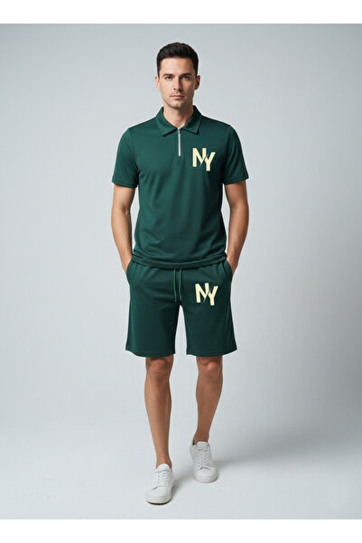 EVIus Ny Printed Green Polo Collar Half Zipper T-Shirt Shorts Set Oversized