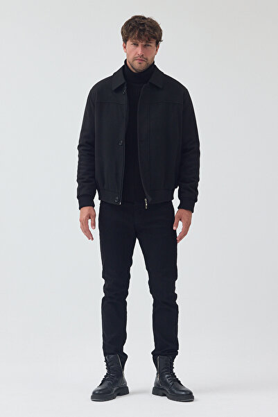 TREND KOMBİN Men's Black Slim Fit Zippered Quilted Windproof Cashmere Coat