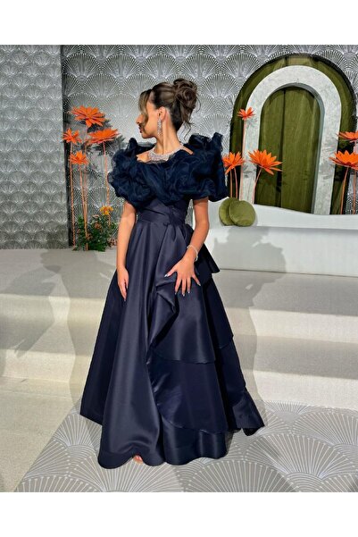 SKY dresses فستان ميكادو كحلي دبل كلوش على تل مكثف