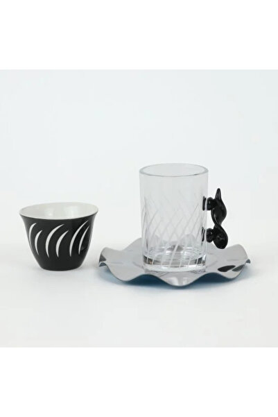 Generic Luxury tea and coffee glass set, elegant black design with white stri...