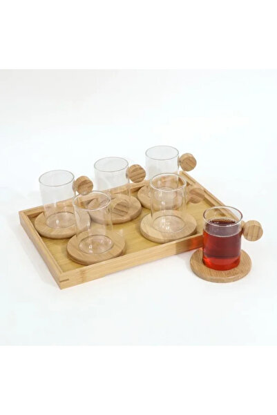 Generic Glass Tea Cup Set with Wooden (Bamboo) Saucer, 12 Pieces