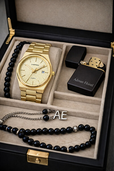 pierrose Gold Çelik Kordon Su Geçirmez Metal Erkek Kol Saati Çakmak Tesbih Bi...