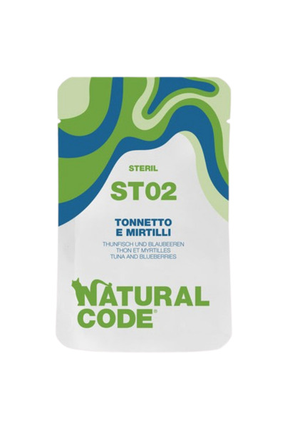 Natural Code أكياس تونة وتوت أزرق للقطط ST02، 70 غرام، عبوة من 24 كيس