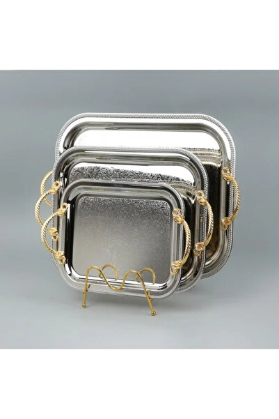 Generic Tabasi Serving tray set with metal frame and gold handles, 3 sizes