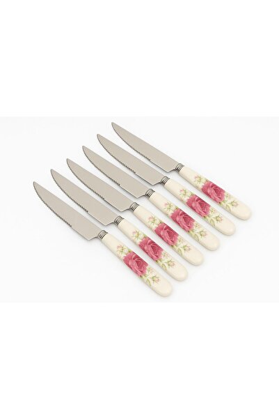 OEM Set of 6 stainless steel knives with porcelain handle, elegant floral pat...