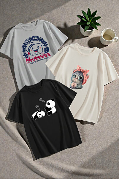 uyguntarz Unisex-T-Shirt-Set mit 3 Designs und beliebten Aufdrucken