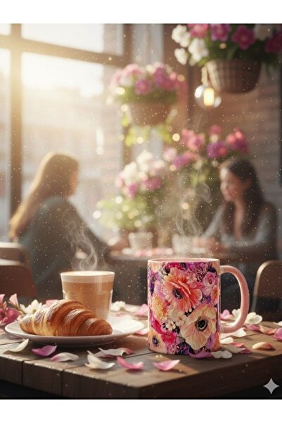 Viyalente 300 ml Pink Flower Concept Porcelain Mug, Machine Washable