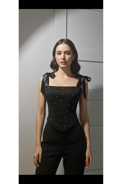 FEYZACA STİLLER Crystal taşlı kurdela askılı siyah kadın büstiyer