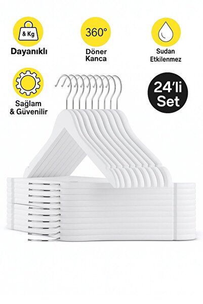 VARLIQ 24 Adet Elbise Askısı Ahşap Görünümlü Plastik Askı Beyaz